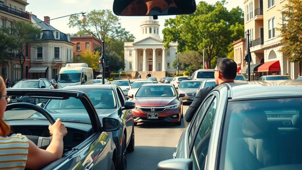 vibrant cityscape of Columbia SC, best car insurance companies Columbia SC, downtown traffic, South Carolina State House