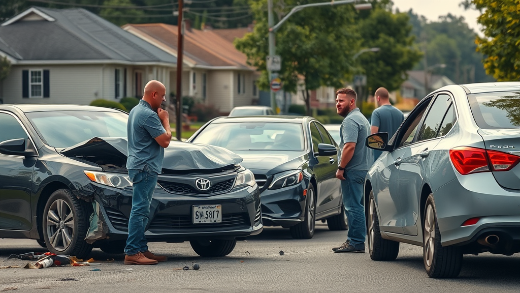 Car insurance in Lexington SC accident scene showing concerned drivers and damaged vehicles on a suburban street, with Lexington-style houses and trees in the background.