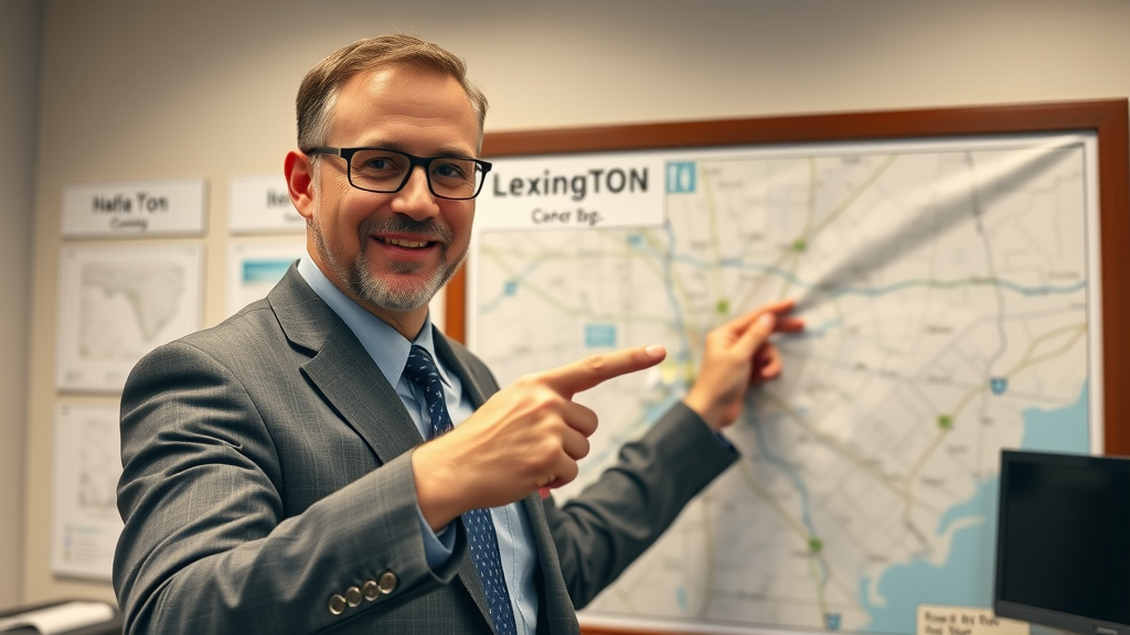 Knowledgeable local insurance agent pointing at a Lexington SC map in an insurance agency office, guiding a client on coverage options.