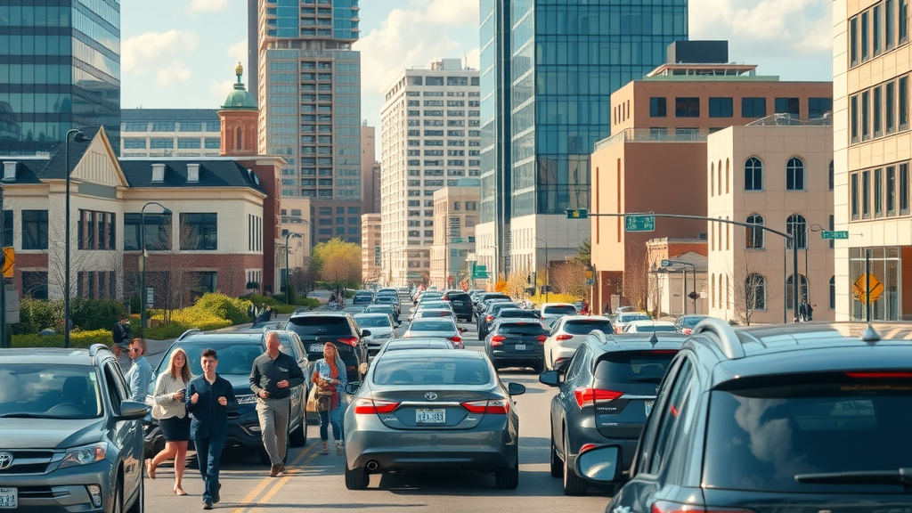 Modern cityscape of Columbia, SC with bustling daytime activity and a variety of cars, highlighting full coverage car insurance Columbia SC.
