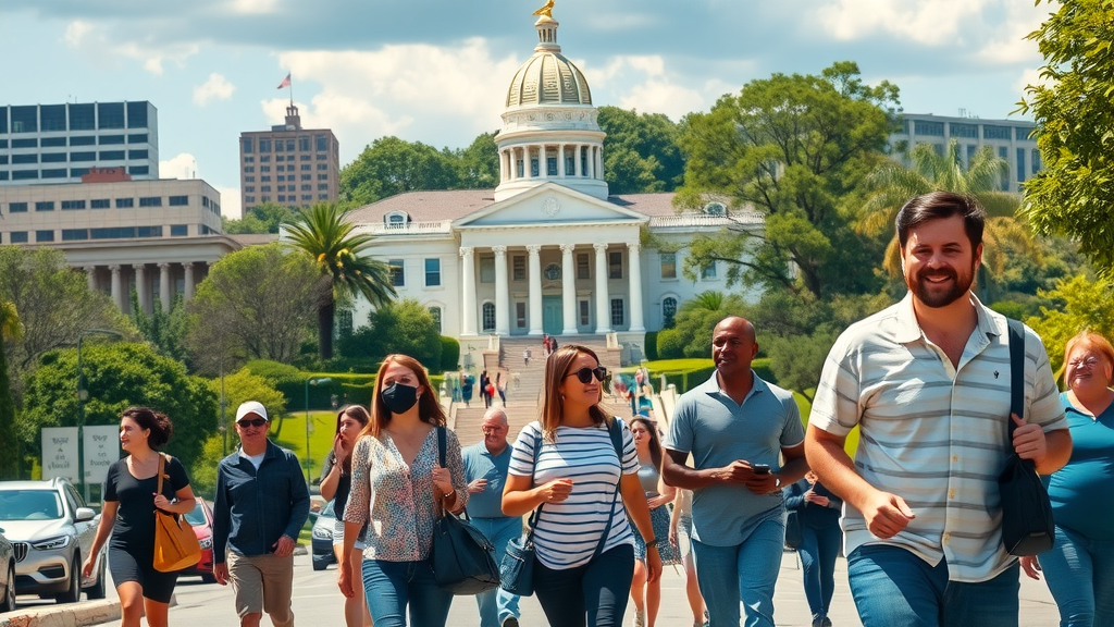 vivid cityscape of Columbia, South Carolina, energetic, local residents shown interacting in daily life, people walking near prominent landmarks, Photorealistic High Fidelity Lifelike, background includes South Carolina State House and lush greenery, highly detailed, subtle traffic and weather elements, sharp focus, balanced natural colors, sunlit with some shade, shot with a wide-angle lens.