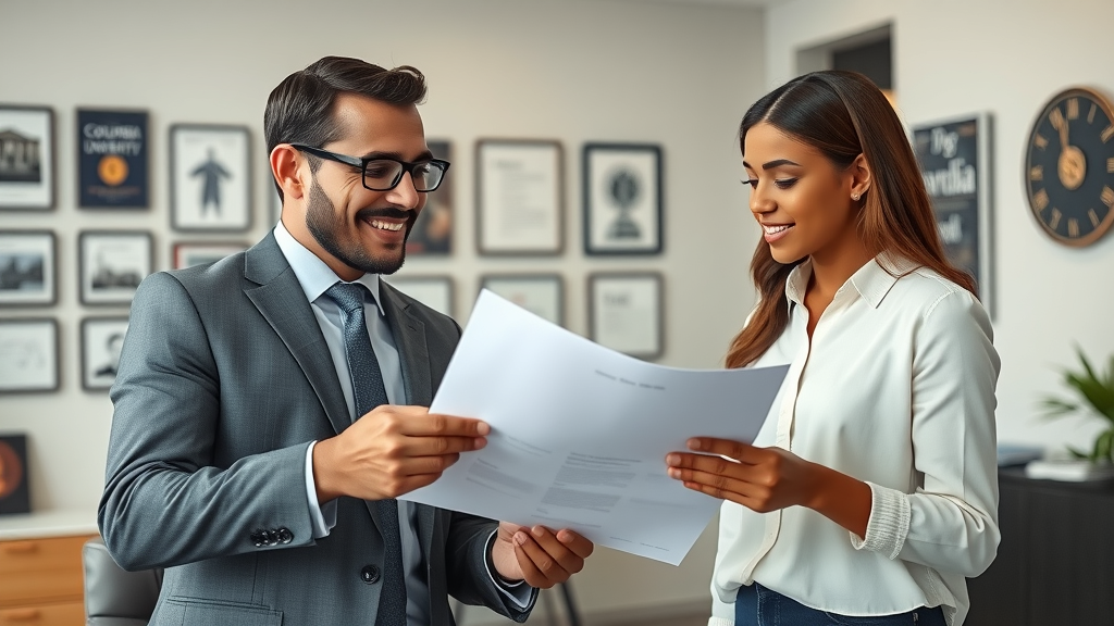friendly diverse insurance agent explaining documents to a young couple, discussing coverage, in a modern office with Columbia University memorabilia