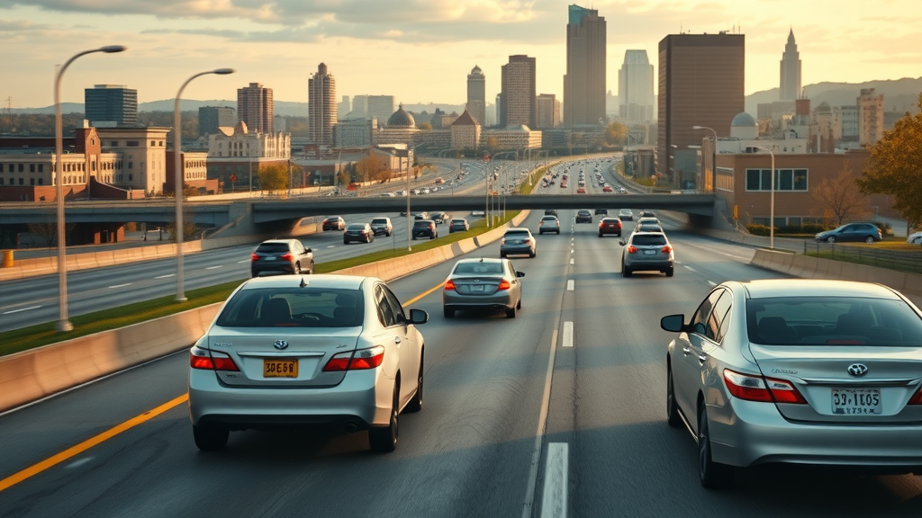 Columbia SC cityscape with cars on highways for auto insurance columbia sc
