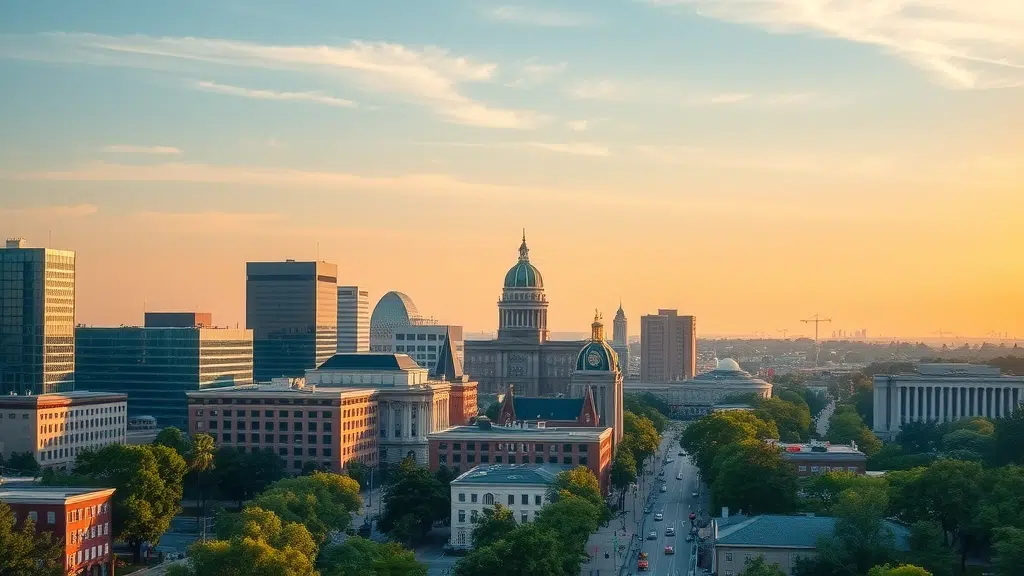 A cityscape at sunset features a mix of modern and historic buildings, including a domed capitol structure. Tree-lined streets lead past local insurance offices, with soft evening light creating a serene urban atmosphere.