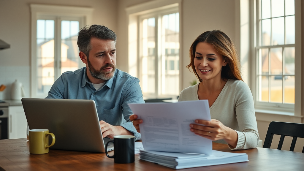 Couple researching home insurance Columbia SC with paperwork and laptop at kitchen table