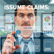 A businessman stands in front of a transparent screen displaying insurance statistics, pie charts, and graphs related to claims, customer scores, and industry insights. Text highlights percentages and key factors in insurance claims.