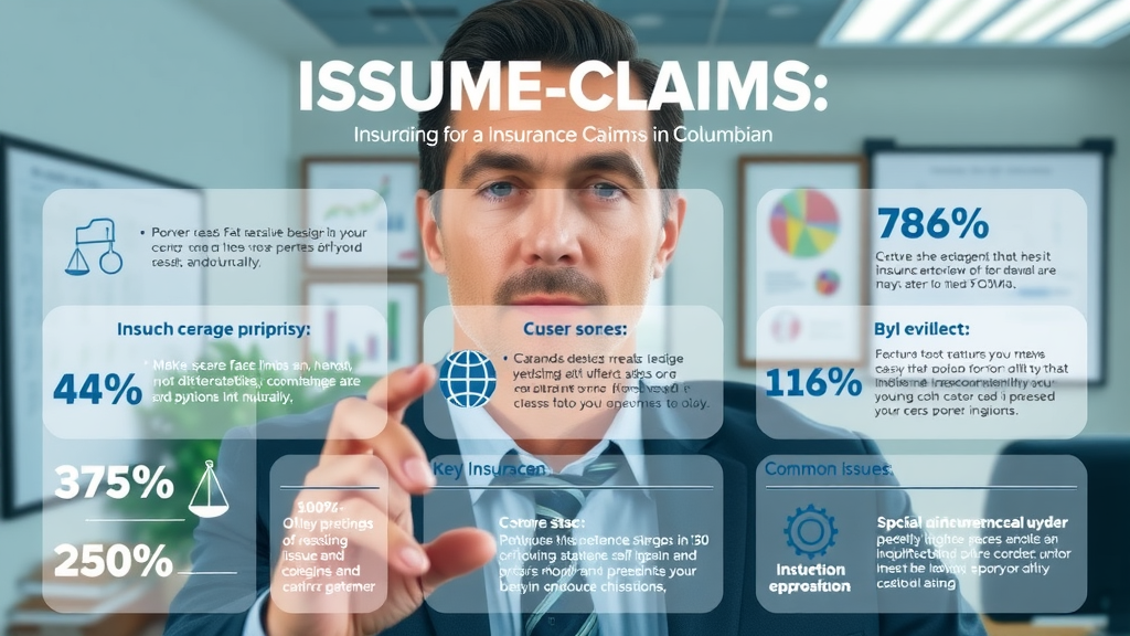 A businessman stands in front of a transparent screen displaying insurance statistics, pie charts, and graphs related to claims, customer scores, and industry insights. Text highlights percentages and key factors in insurance claims.