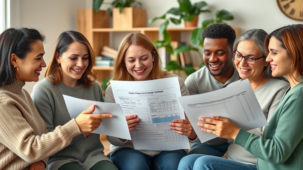 diverse group of people reviewing health insurance coverage options columbia documents in a home office