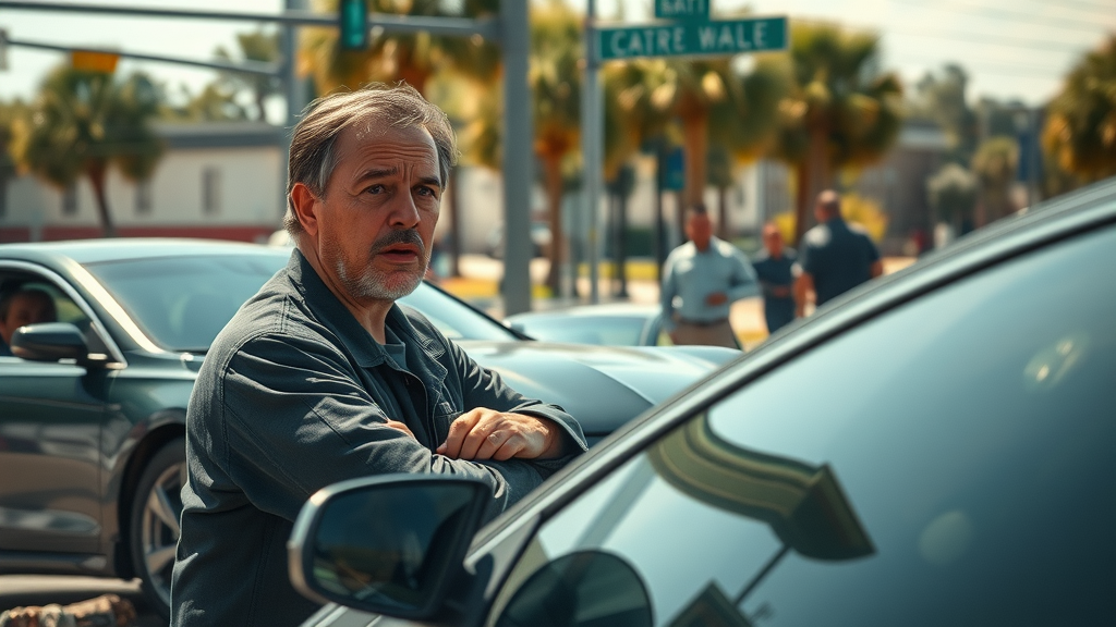 Vivid car accident scene at an intersection in Columbia SC with bystanders and palmetto trees, high detail, afternoon lighting, car accident claim context