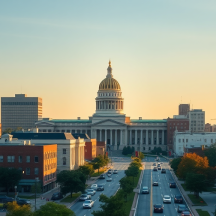 A cityscape at sunset features a domed capitol building with columns, surrounded by modern and historic buildings, with cars and trees lining the streets in the foreground.
