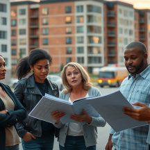 A diverse group of adults stands outdoors near apartment buildings, gathered closely and reviewing documents together, appearing focused and engaged in discussion.