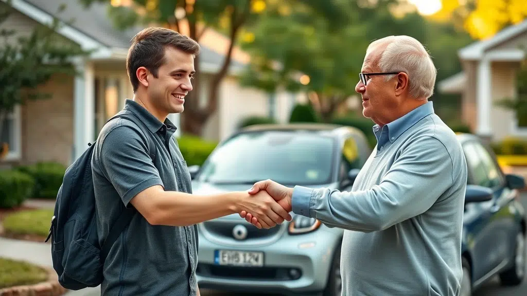 insurance in south carolina home and auto bundling, young driver and homeowner handshake suburban setting