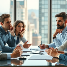 A group of six young professionals in business attire sit around a conference table in a modern office, engaged in a serious discussion with city buildings visible through large windows in the background.