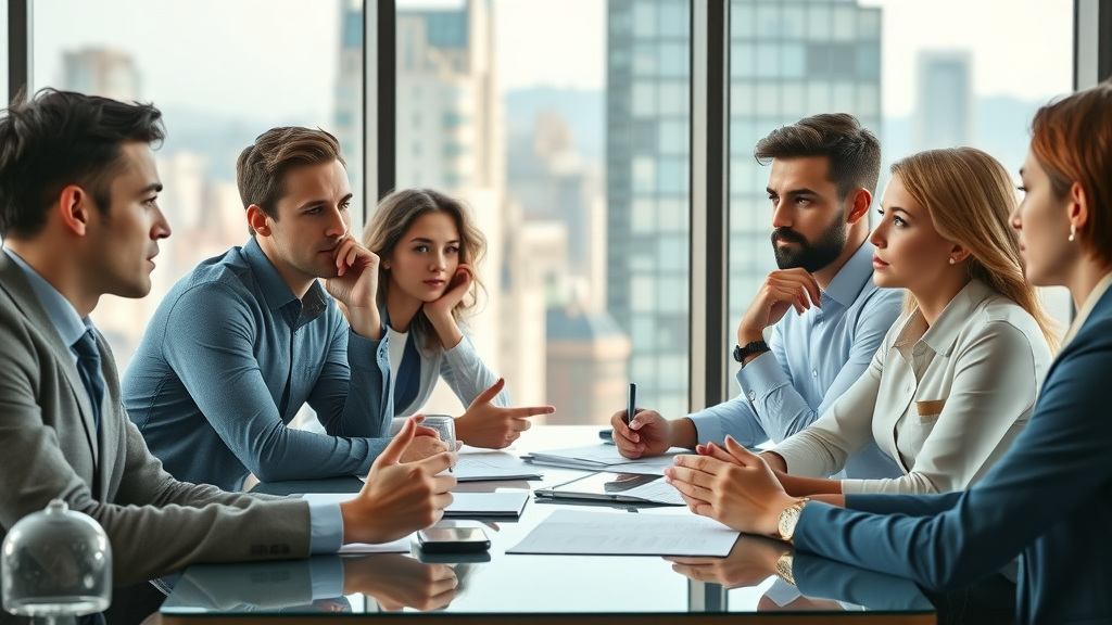 A group of six young professionals in business attire sit around a conference table in a modern office, engaged in a serious discussion with city buildings visible through large windows in the background.