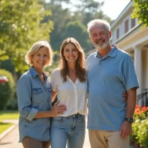 A smiling woman stands between an older couple, all posing together outdoors in front of a house with a garden on a sunny day. The group looks happy and relaxed.