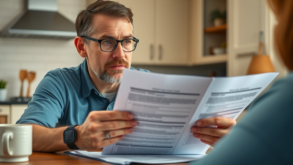 Concerned South Carolina driver reviewing insurance policy documents with an agent in a home kitchen, warm lighting, focus on insurance claims Columbia SC