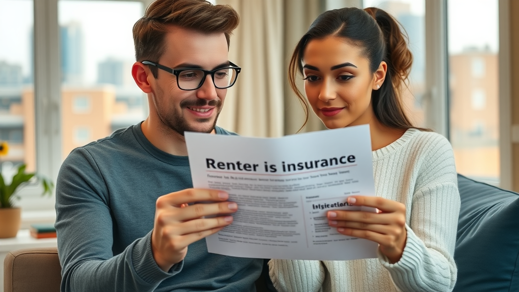 Young adult couple reviewing renters insurance papers in a cozy Columbia apartment with city views and visible belongings