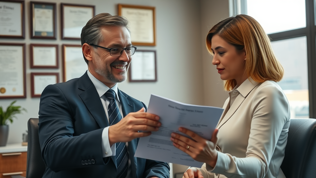 Professional car accident lawyer consulting with client in Columbia SC office, legal documents and city view in background, insurance claim consultation