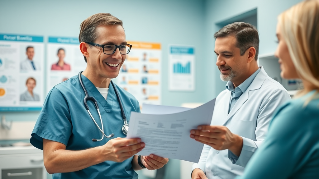 healthcare professional discussing columbia health insurance coverage with a family in an exam room