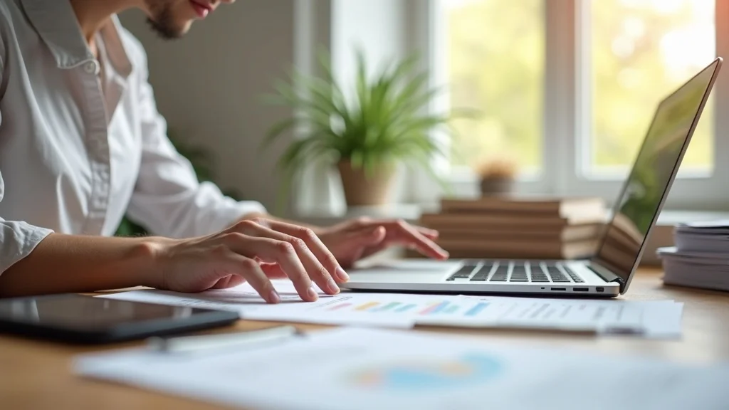 Efficient desktop scene — determined homeowner (natural expression), inputting data into laptop for insurance comparison, styled as photorealistic set in a neat home office with paperwork stacks, cell phone, and open windows, featuring late afternoon sunlight, fluttering paperwork edges, rendered with high clarity and detailed desk textures, emphasized with clean whites, gentle greys, and wood accents, under bright natural lighting, captured as if shot with a 24-70mm lens.