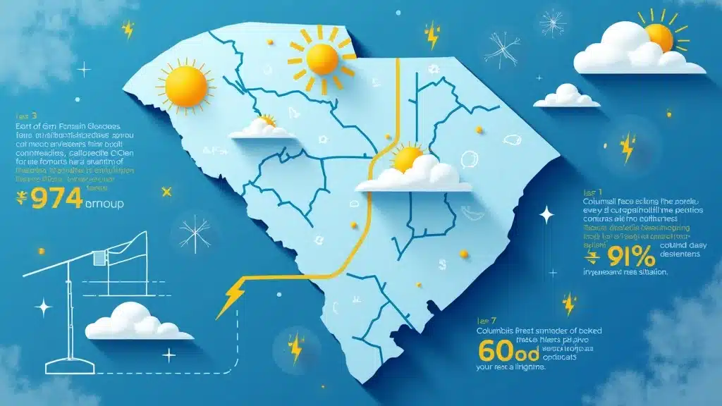 Illustration of South Carolina with a sun, clouds, and lightning, highlighting clean energy facts: $974 annual group savings, 91% improvement in reliability, and 60% faster outage repairs, plus wind turbines and power lines.