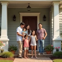 A family of six, including two adults and four children, stands smiling together in front of a house with a porch, white columns, and blooming flowers in the garden on a sunny day.