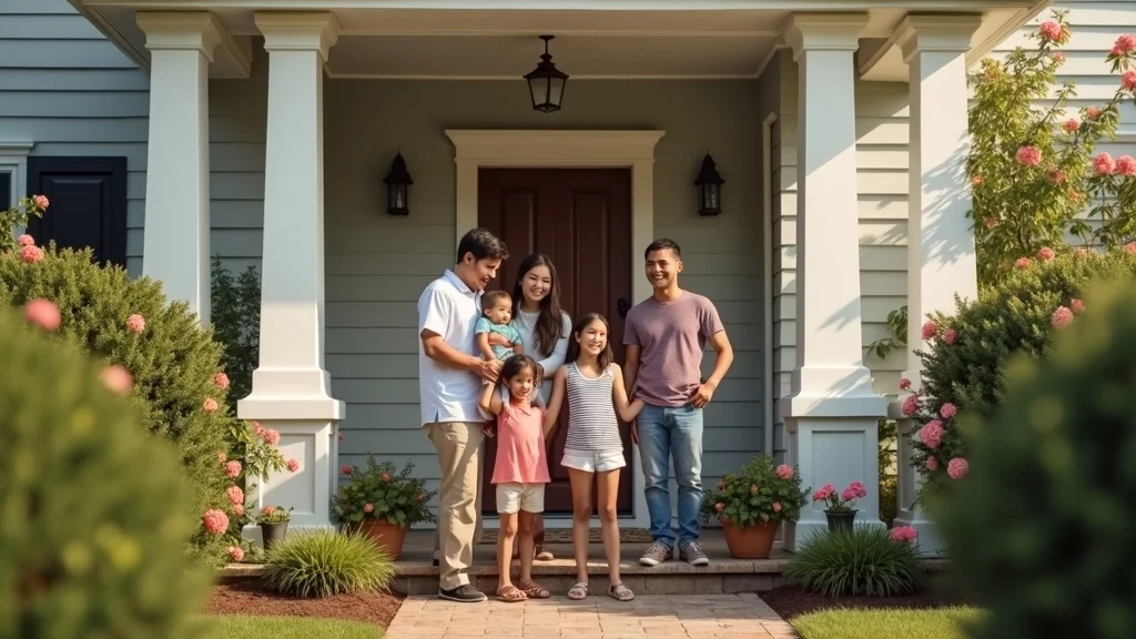 A family of six, including two adults and four children, stands smiling together in front of a house with a porch, white columns, and blooming flowers in the garden on a sunny day.