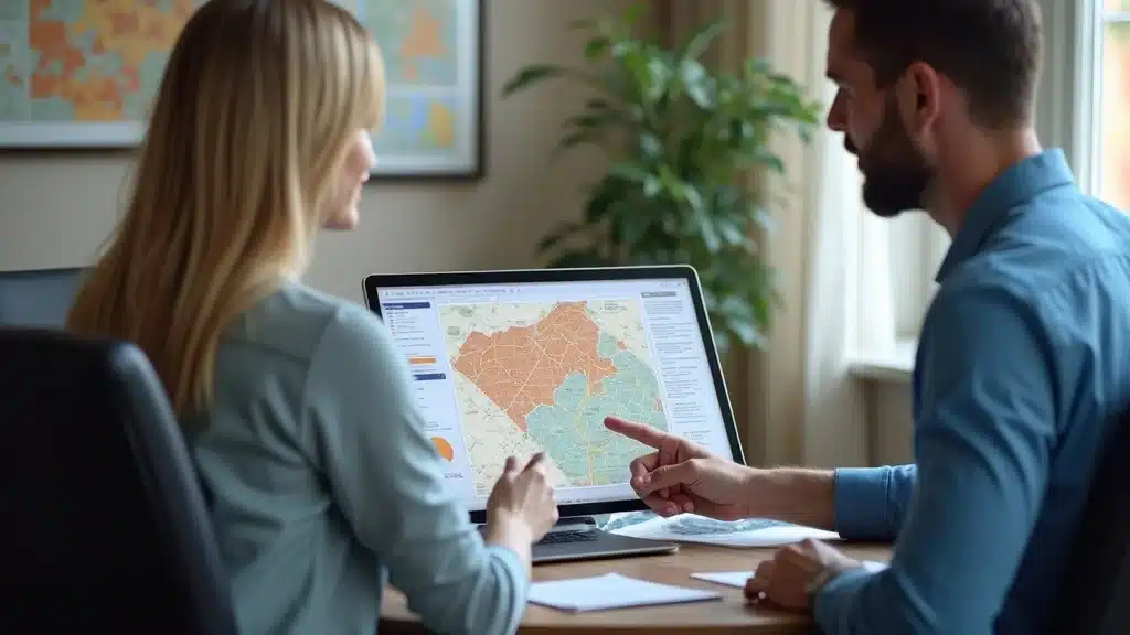 Insurance agent reviewing Columbia SC property location and risk zones with homeowners on a digital map