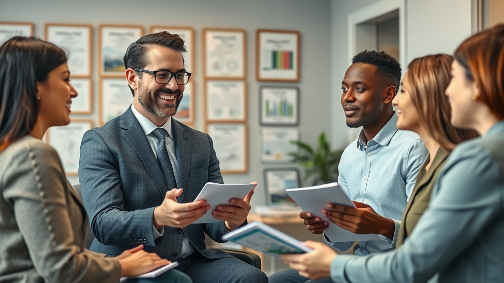 Confident independent insurance agent consulting with clients in Columbia SC, affordable insurance group, office with certificates