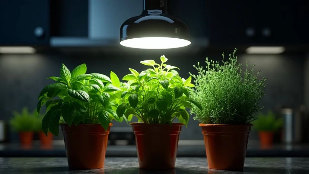 Vibrant herbs under grow light — photorealistic scene of potted herbs (basil, chives, thyme) thriving beneath an LED grow lamp on a kitchen counter, no people, visible light spectrum glow casting gentle shadows on leaves, rich green hues, sleek modern background with dark countertop, glossy highlights, ultra-realistic texture, deep color saturation, shot with an 85mm lens for dramatic depth of field.