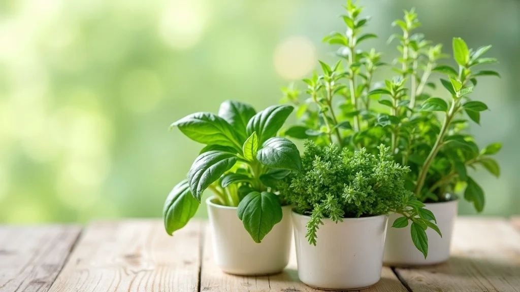 Bright herb selection — close-up of various fresh potted herbs, no people, overhead view showing basil, mint, rosemary, and parsley in clean ceramic pots on a light wooden tabletop, vivid greens contrasting against natural wood grain, crisp textures of leaves, warm neutral palette, soft even daylight, captured with a macro lens for sharpness and shallow depth of field.
