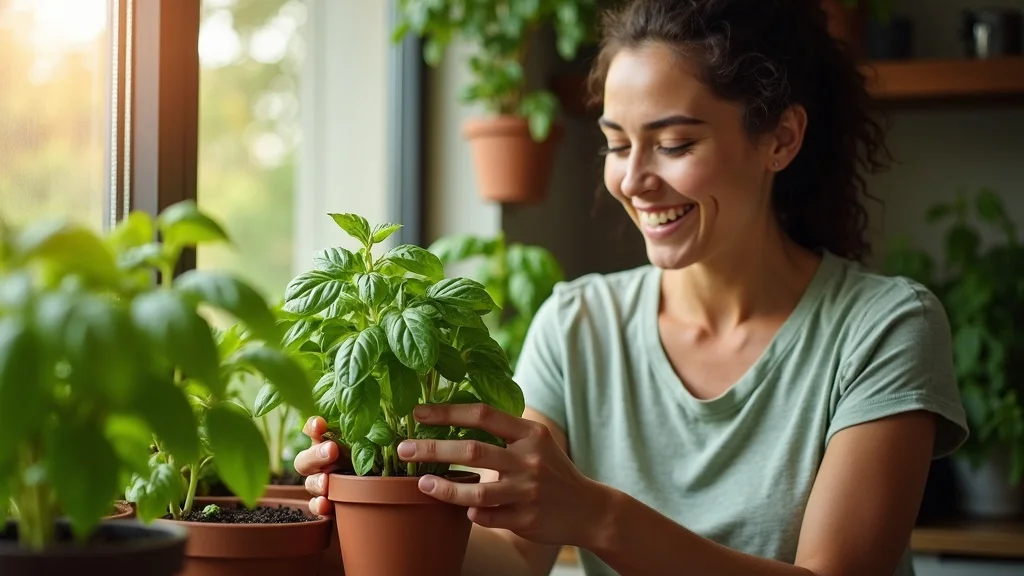 A smiling woman in a green shirt tends to a potted basil plant indoors near a window, surrounded by other green plants. Sunlight filters in, creating a warm and cheerful atmosphere.