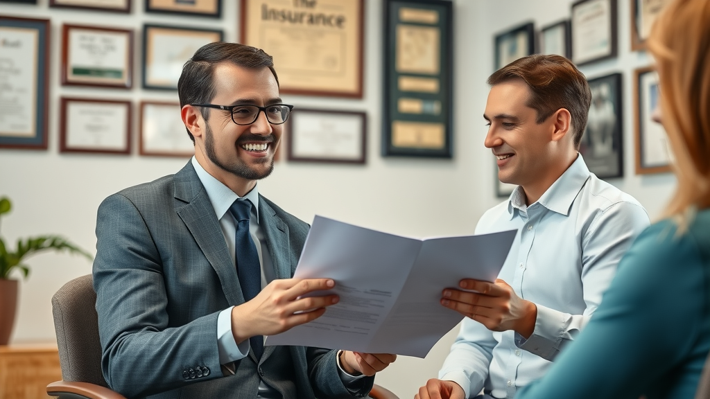 Professional insurance agent explaining affordable insurance Columbia SC policy details to clients with awards in meeting room