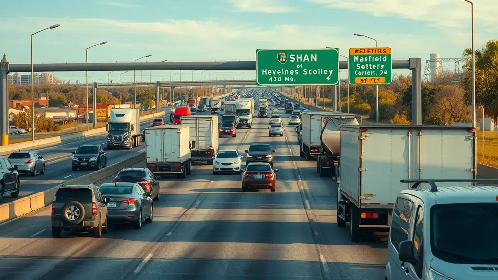 Busy South Carolina highway cars dump trucks car haulers in motion auto insurance Columbia SC