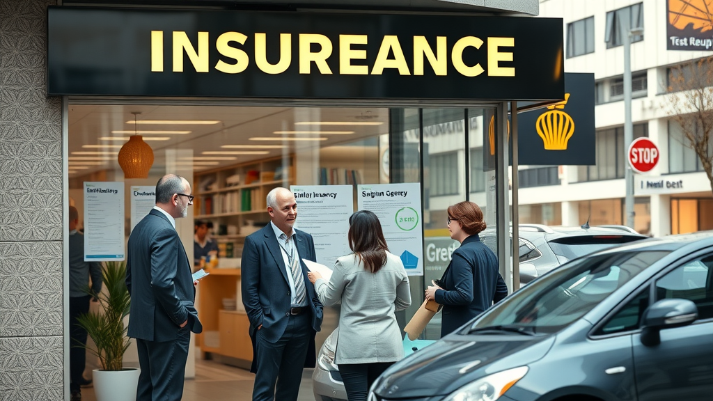 Four people in business attire stand talking outside a storefront labeled INSUREANCE. Office documents are visible inside, and a nearby car and street signs are in view. The sign has a typo: INSUREANCE instead of INSURANCE.