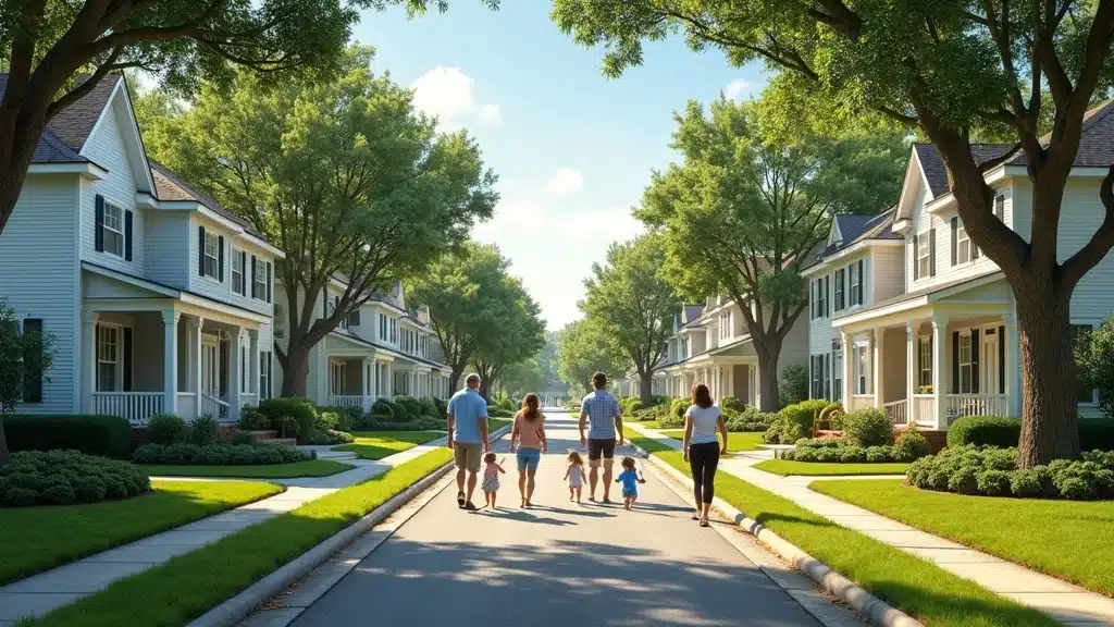 A group of adults and children walk down the middle of a quiet, tree-lined suburban street, surrounded by well-kept houses with front lawns and porches on a sunny day.