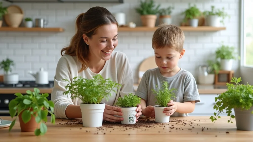 Modern kitchen countertop garden — cheerful family assembling an indoor herb kit together, engaged expressions, hands planting seeds into small decorative pots, contemporary kitchen background with white subway tiles, light reflecting on surfaces, subtle inclusion of potting soil, watering can, and seed packets, high realism, warm whites and earthy greens, soft indirect natural light, shot with a 35mm lens for clarity.
