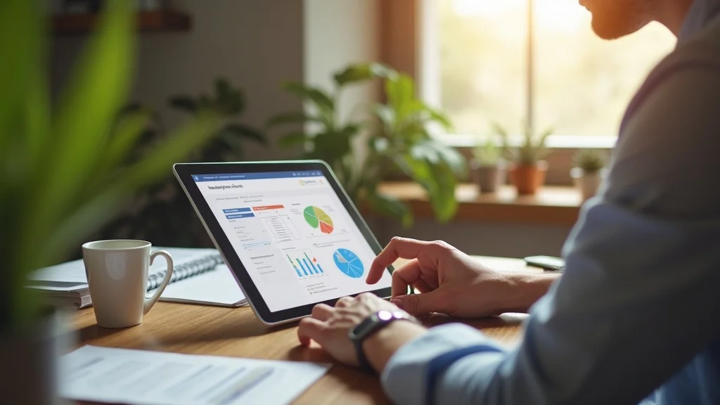 Modern workspace with digital tablet — focused homeowner, thoughtful, pointing to insurance quote comparison charts on tablet, styled as photorealistic set in a cozy living room with houseplants and paperwork, featuring dynamic natural sunlight through the window, subtle shadows, and a cup of coffee, rendered with medium depth of field, lifelike skin and material textures, emphasized with earth tones and soft blues, under diffused daylight, captured as if shot with a 50mm lens.