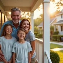A smiling family of four stands together on a house porch at sunset. The group includes two adults and two children, all wearing light blue shirts, with houses and palm trees visible in the background.