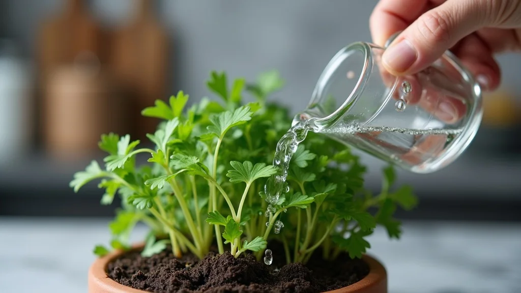 Realistic watering action — close-up of gentle hand pouring water from a small glass watering can into the soil of a potted herb (parsley), focus on healthy root exposure and moist dark soil, kitchen with marble surface as background, water droplets in mid-air for motion, crisp greens and neutral grays, soft shadow, realistic textures, sharp details, shot with a macro lens.