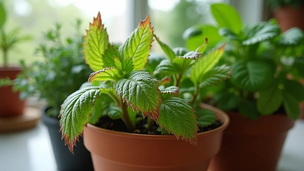 Troubleshooting indoor herbs — close-up of wilted mint leaves on a pot next to healthy herbs, no people, red/yellowing edges contrasted with lush green, detailed view of soil that is too wet or dry, bright kitchen counter backdrop, careful focus transition from unhealthy to healthy plants, cool and warm contrasting palette, window light, mid-range zoom lens for context.