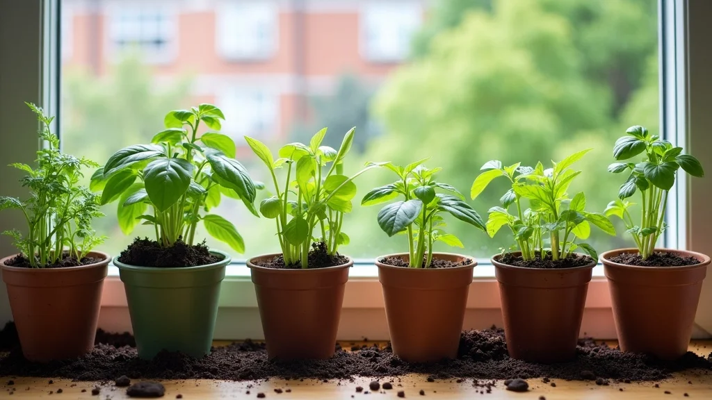 Attractive container options — orderly display of ceramic, clay, and recycled planters arranged on a windowsill, no people, a variety of healthy herb seedlings sprouting from rich dark soil, cityscape or lush garden visible through the window, fine detail in texture of the pots and soil, harmonious earth tones with pops of green, daylight streaming in, moderate depth of field for focus, shot with a 50mm lens.