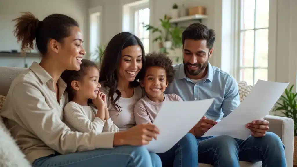 Diverse Columbia SC family reviewing home insurance discounts paperwork in a cozy living room