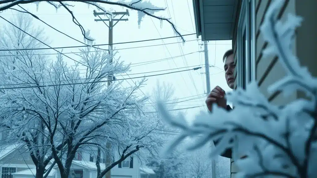 A person leans out of a window, looking thoughtful. Snow-covered branches and trees line a residential street with power lines overhead, creating a cold, wintery scene.