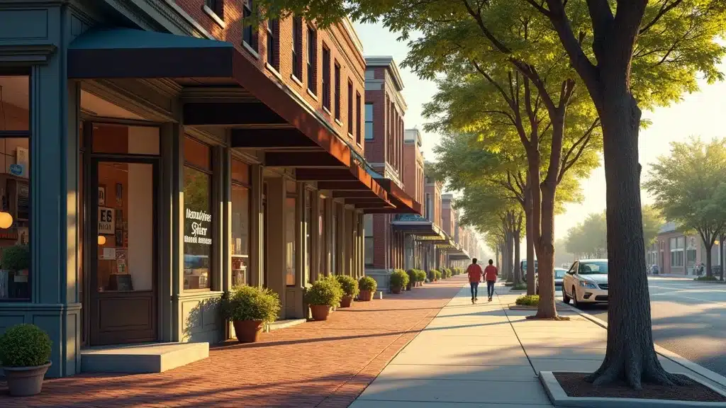 Inviting local insurance agency storefront in Columbia SC with tree-lined Main Street, welcoming atmosphere, and sunlight filtering through