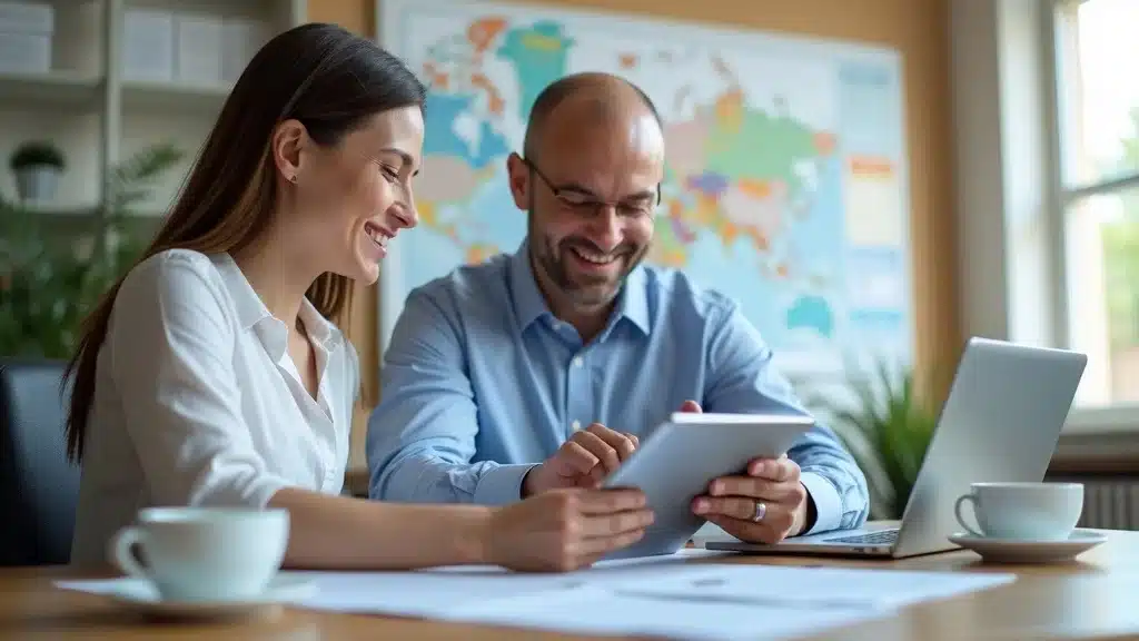 Confident insurance agent helping Columbia SC couple compare home insurance policies in bright, professional office