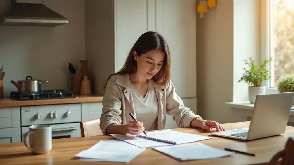 Organized homeowner preparing property documents for insurance agent meeting in tidy sun-lit Columbia SC kitchen