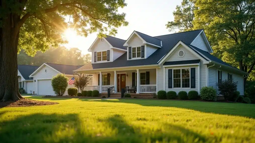 Modern suburban home exterior in Columbia, SC with home insurance discounts features, morning sunlight, security signs, photorealistic in a friendly neighborhood