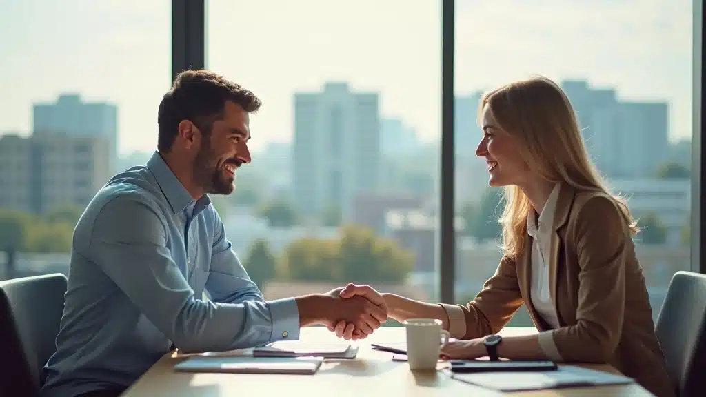 Friendly insurance agent consulting with homeowner in sunlit Columbia SC office, cityscape visible, real people discussing policy paperwork