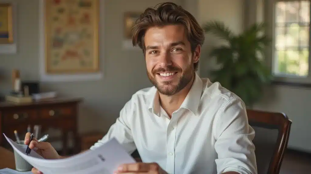 Columbia insurance agent sorts paperwork for homeowners insurance discounts in a friendly office setting